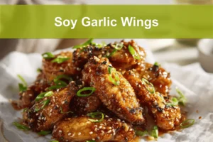 Soy Garlic Wings plated on white napkin with sesame seeds and green onions