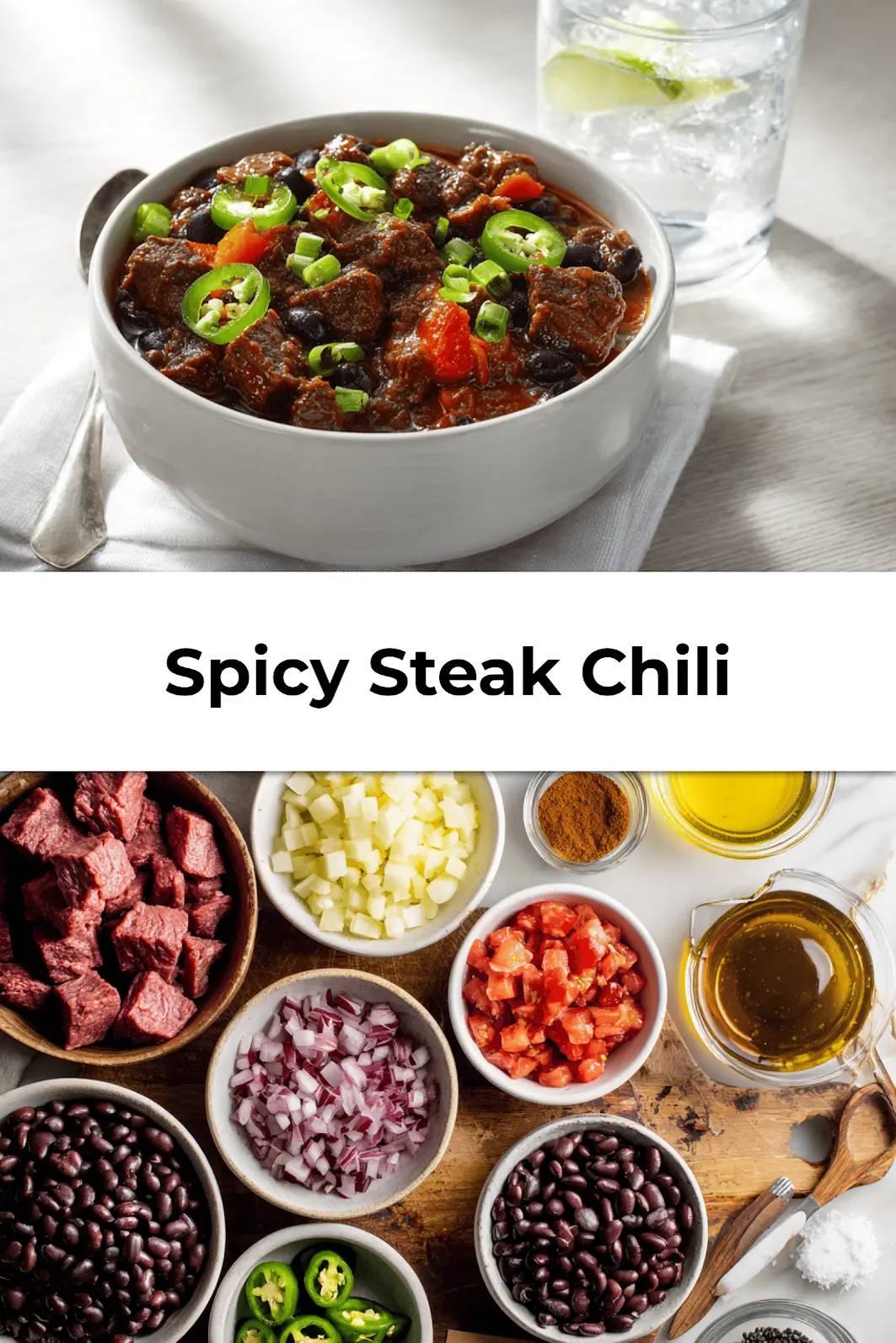 Bowl of Spicy Steak Chili garnished with cilantro and cheese, placed on a white napkin beside water glass and wooden spoon