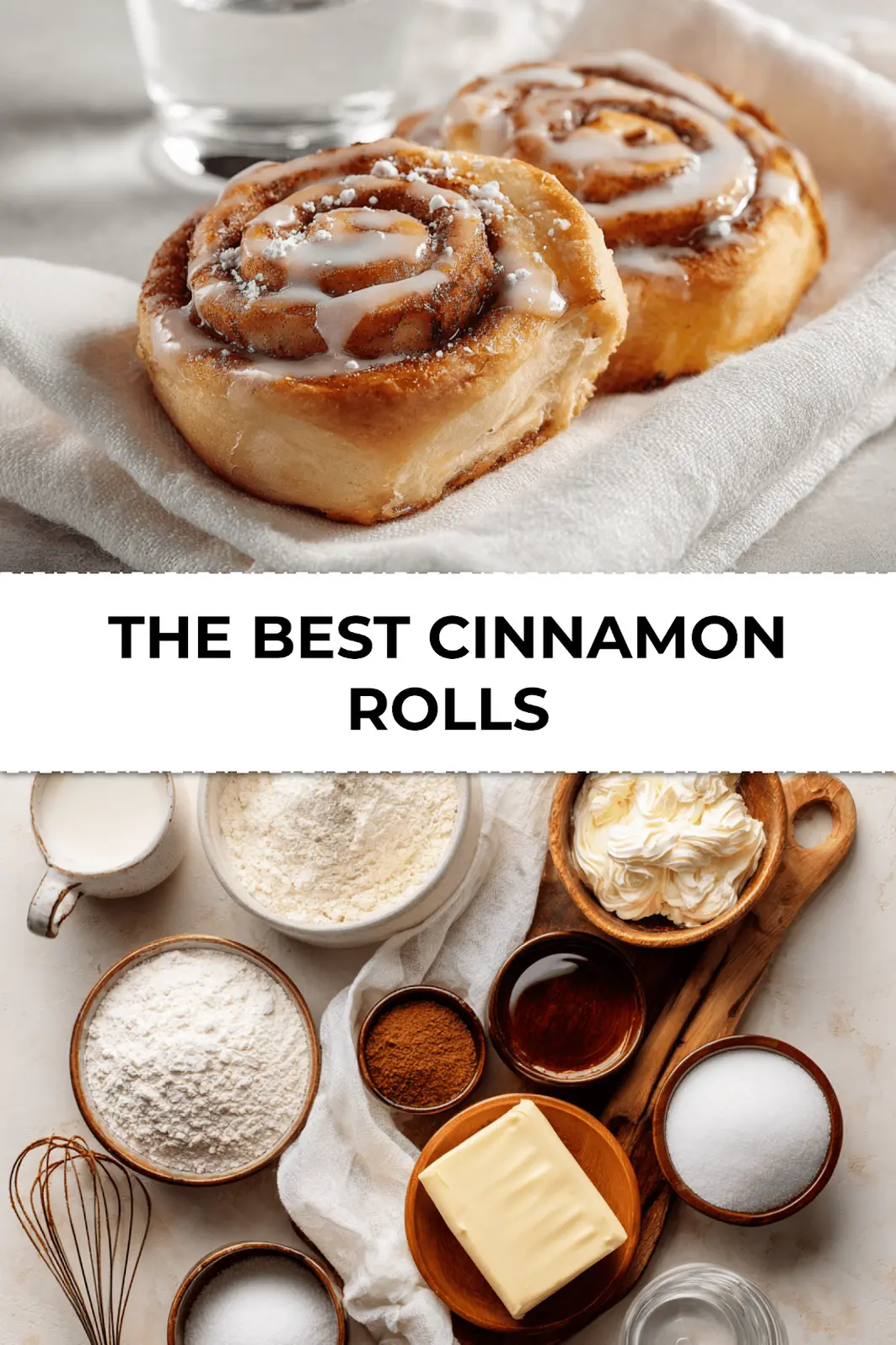 Freshly baked cinnamon rolls glazed in cream cheese frosting - Pinterest share image