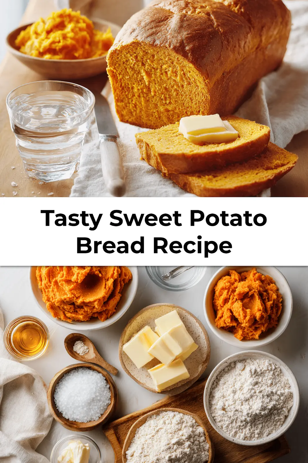 Golden baked sweet potato bread loaf sliced on tea towel for Pinterest inspiration