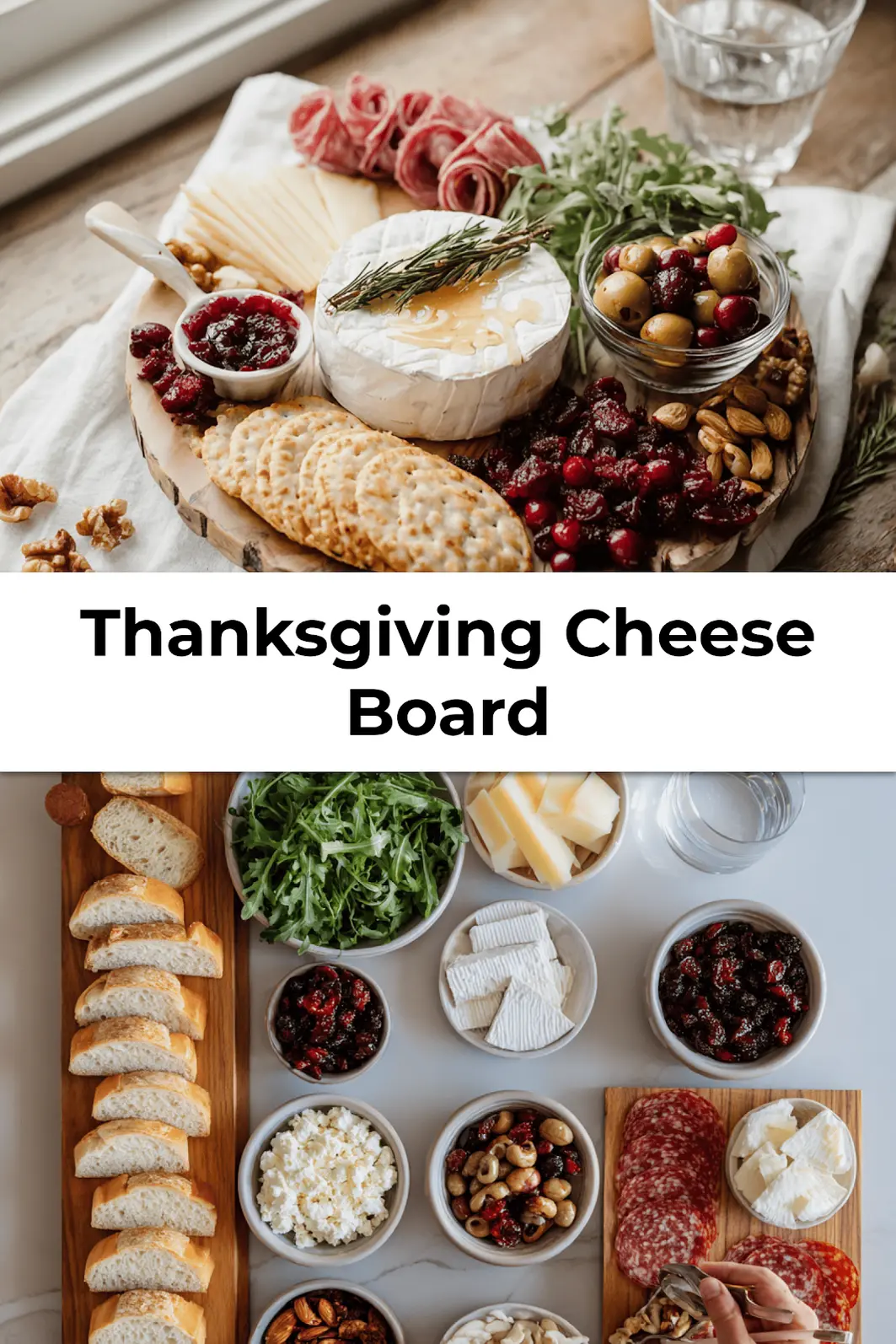 Styled Thanksgiving cheese board with brie, cheddar, cranberry goat cheese, nuts, and salami