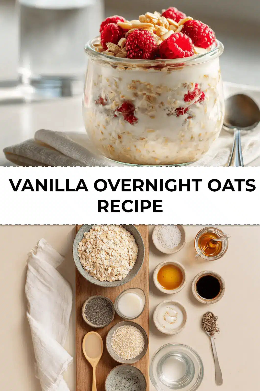 Creamy vanilla overnight oats in mason jar pin with chia seeds and maple syrup