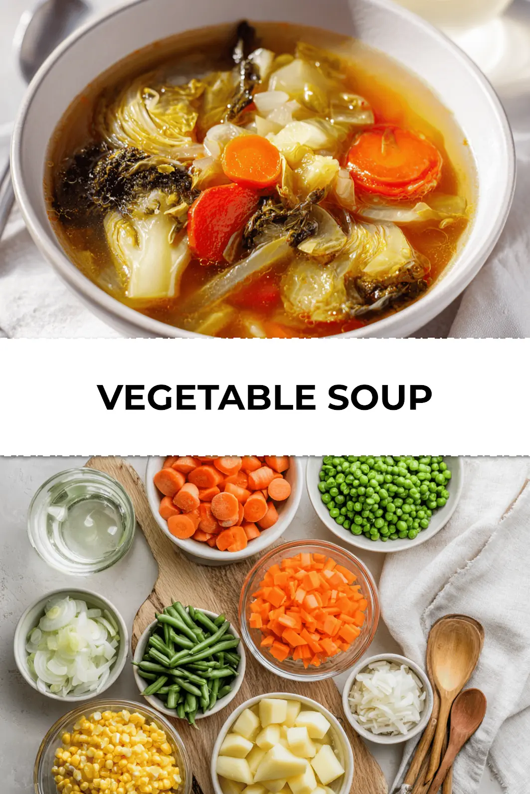 Overhead hero shot of hearty vegetable soup in white bowl with napkin and spoon, ideal for fall Pinterest inspiration