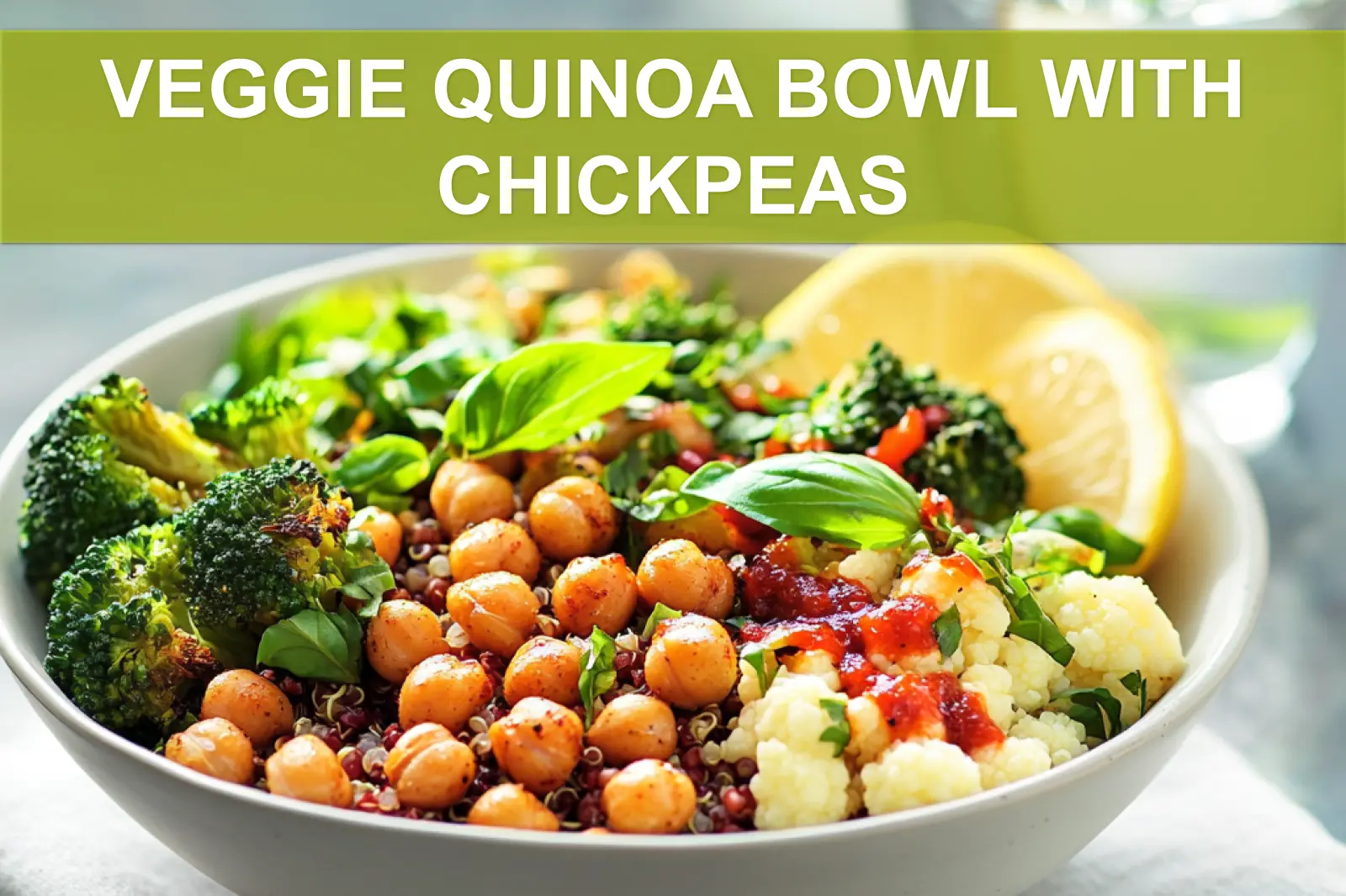 VEGGIE QUINOA BOWL WITH CHICKPEAS vibrant plated bowl with roasted chickpeas and vegetables