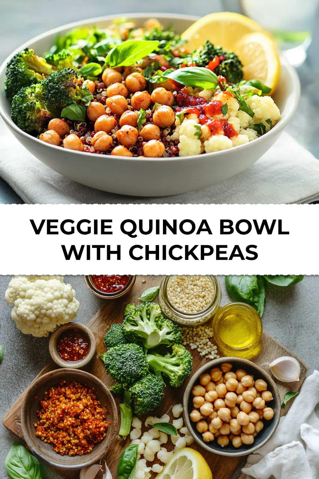 Plated Veggie Quinoa Bowl with Chickpeas topped with fresh herbs and red pepper sauce
