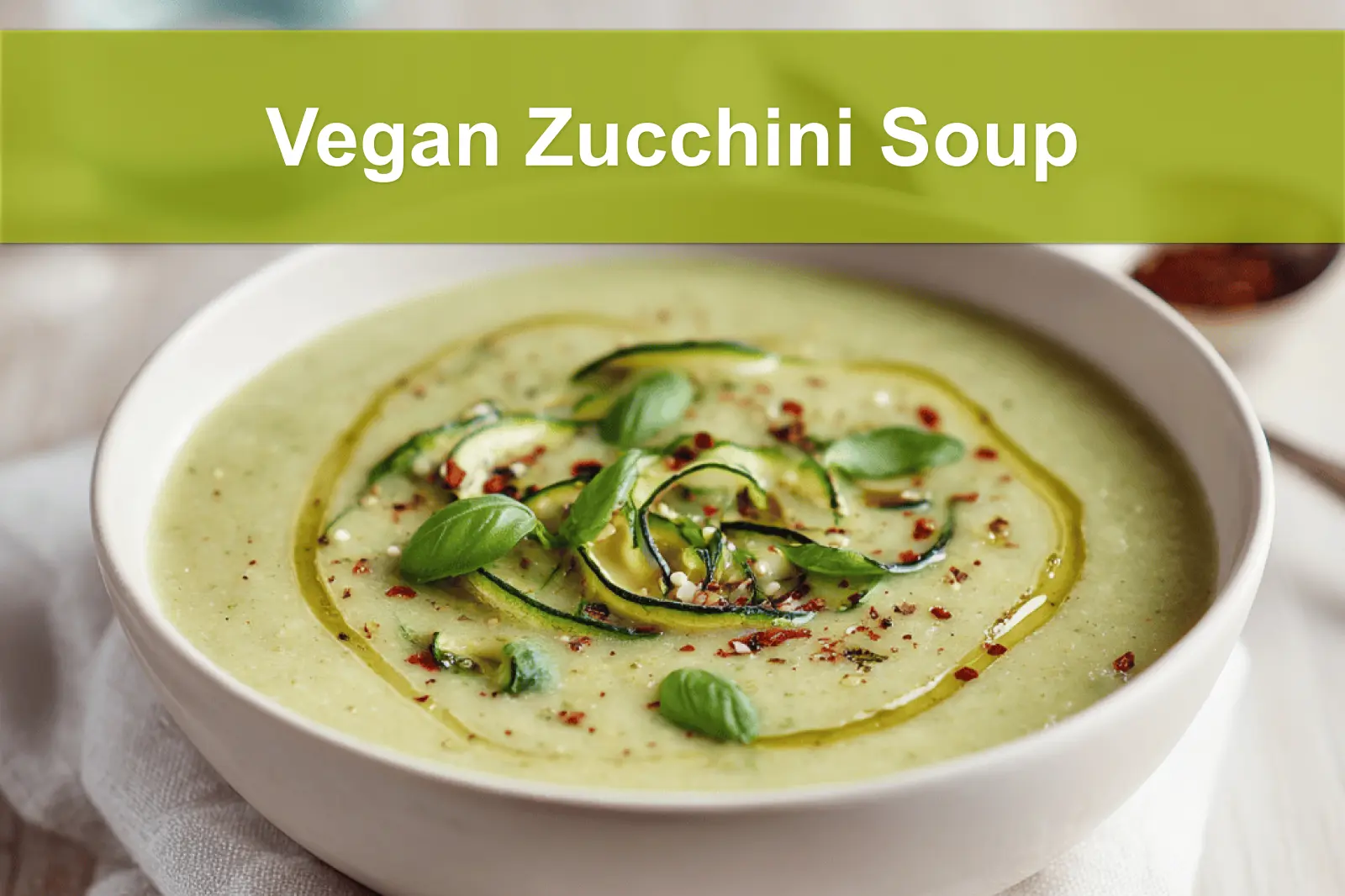 Vegan Zucchini Soup in white bowl with basil garnish olive oil drizzle cozy natural lighting