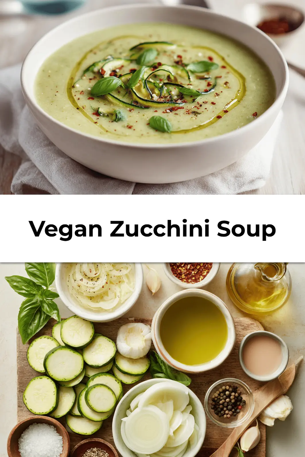 Bowl of creamy vegan zucchini soup garnished with basil and a drizzle of olive oil, ready to serve