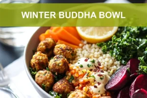 WINTER BUDDHA BOWL with golden falafel pearl couscous beet kale and creamy tahini sauce