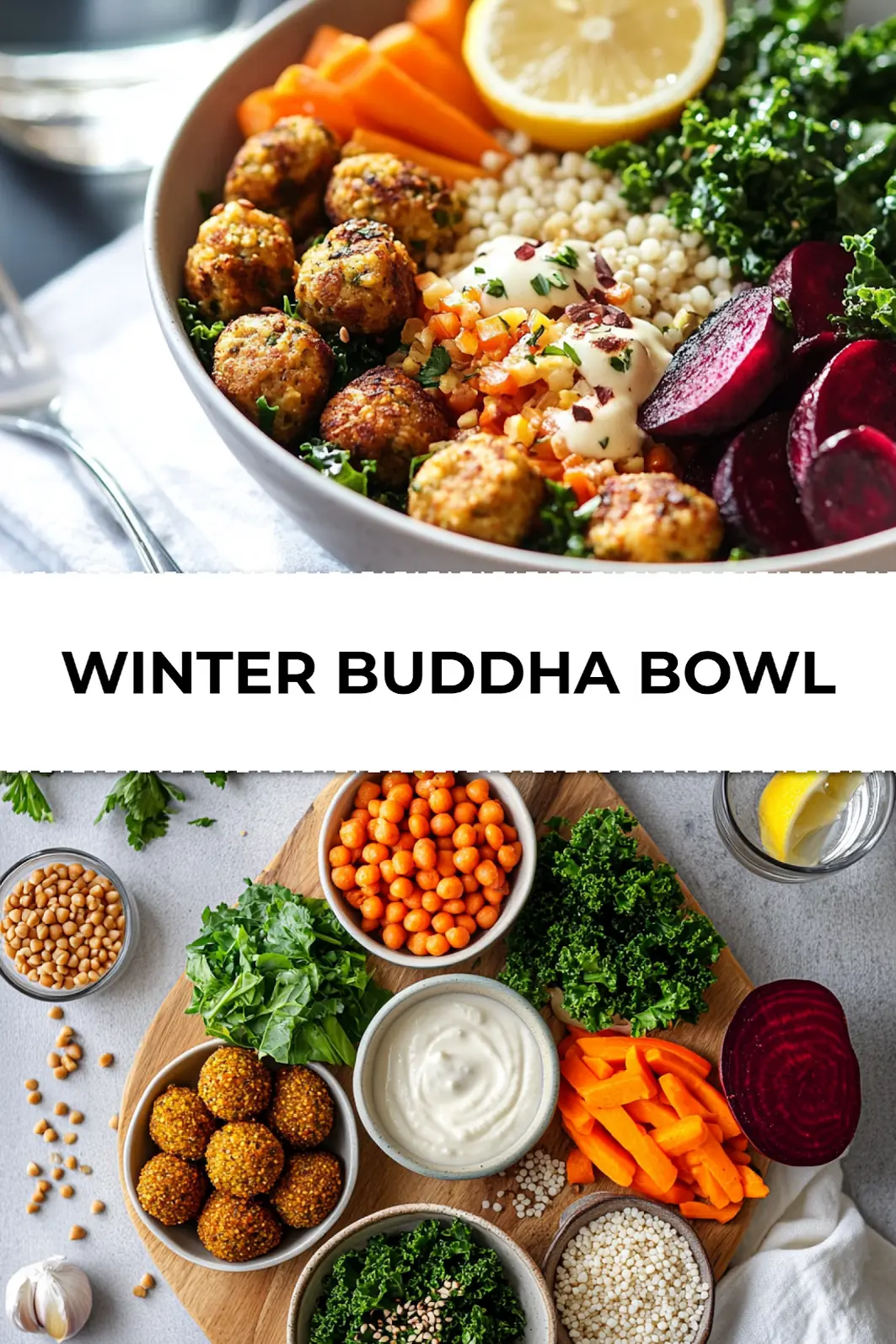 Styled Winter Buddha Bowl with falafel couscous roasted vegetables and tahini photographed from above