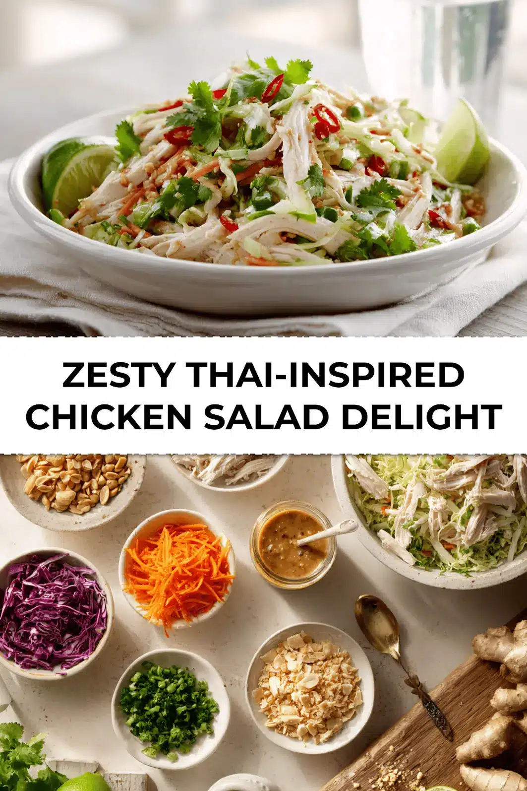 Finished Zesty Thai-Inspired Chicken Salad Delight styled with lettuce cups lime wedges and chopped peanuts