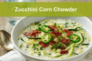 Zucchini Corn Chowder in white bowl with bacon and fresh herbs on napkin