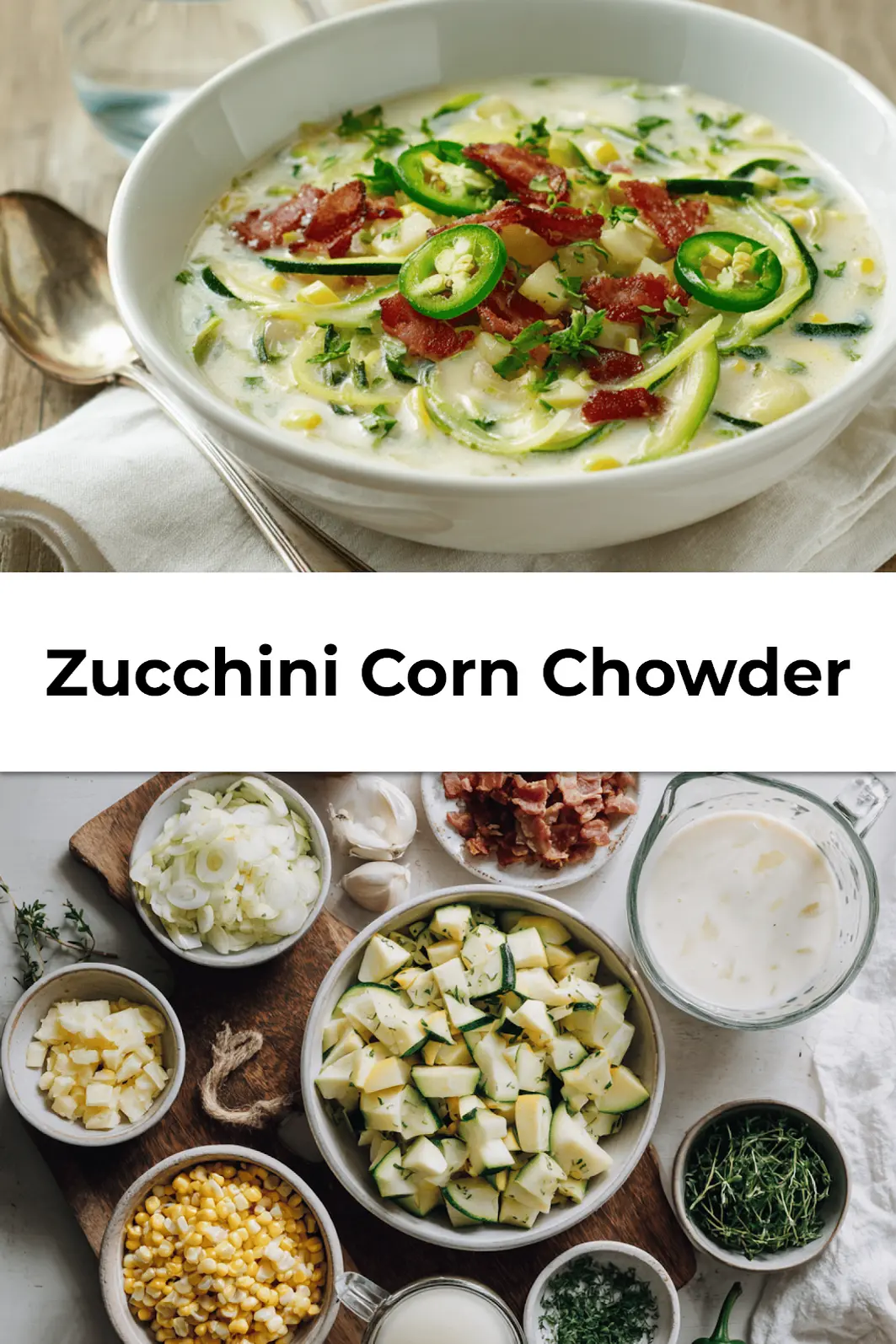 Bowl of zucchini corn chowder served with crispy bacon and herbs, styled on linen napkin