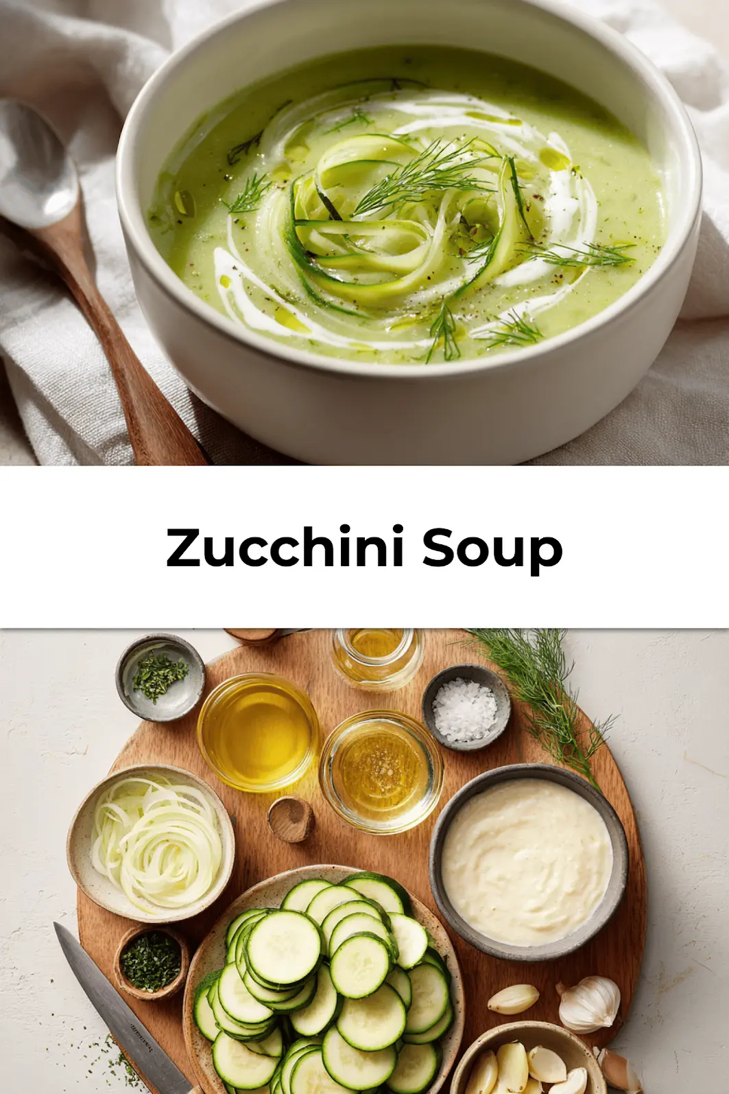 Creamy zucchini soup garnished with dill in white ceramic bowl on linen with water glass