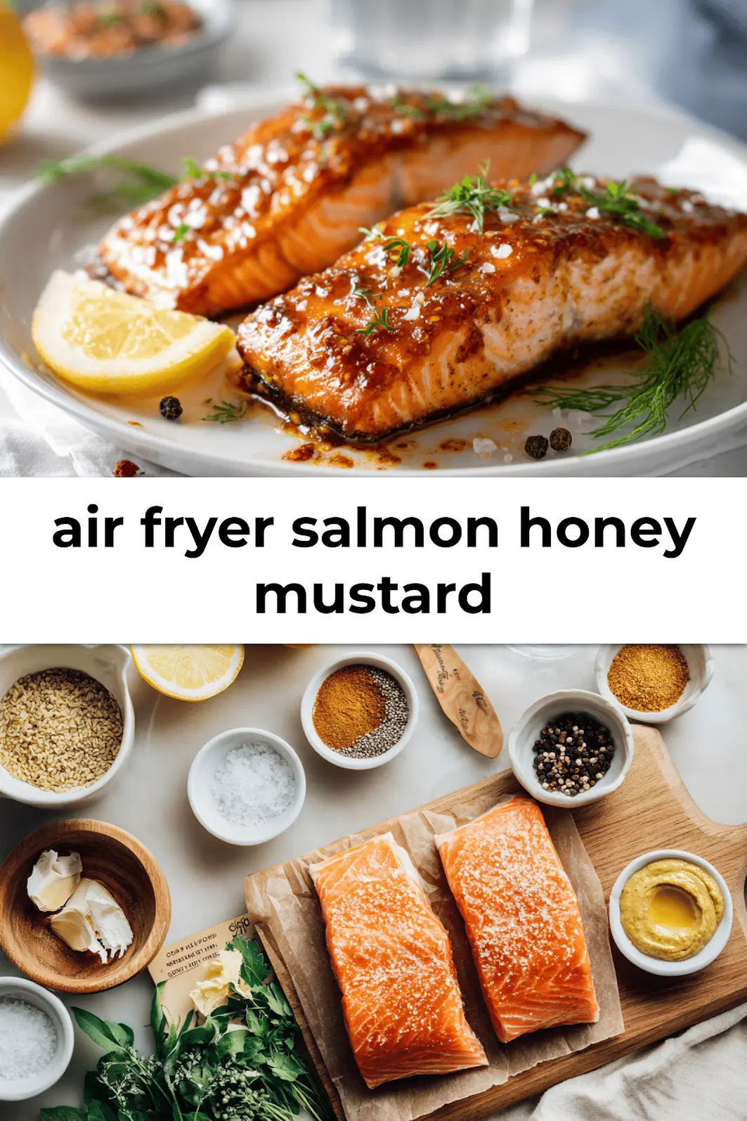 finished air fryer salmon honey mustard served with herbs and lemon slice on white linen in bright kitchen