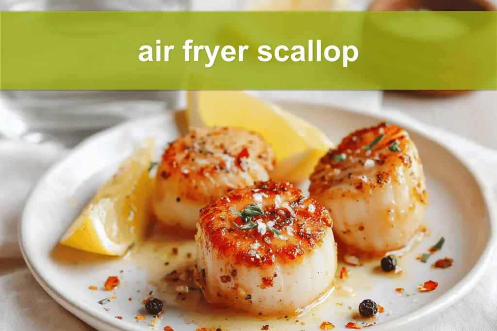 Air fryer scallop plated with lemon wedge, butter glaze, paprika and coarse salt flakes
