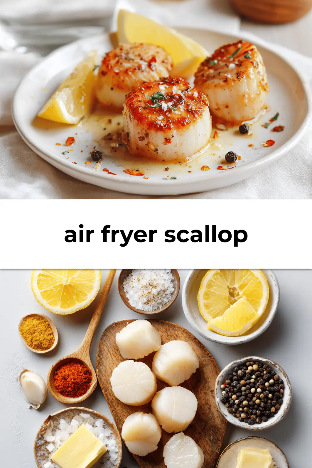 Golden air fryer scallop on white dish with lemon wedge, paprika dusting, and butter glaze