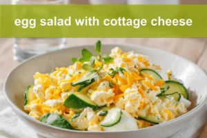 Egg salad with cottage cheese on white napkin, vibrant peppers and herbs, water glass