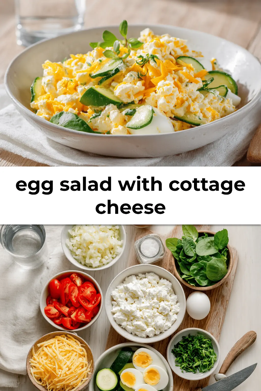 Egg salad with cottage cheese served with sliced bread and fresh veggies for Pinterest pin
