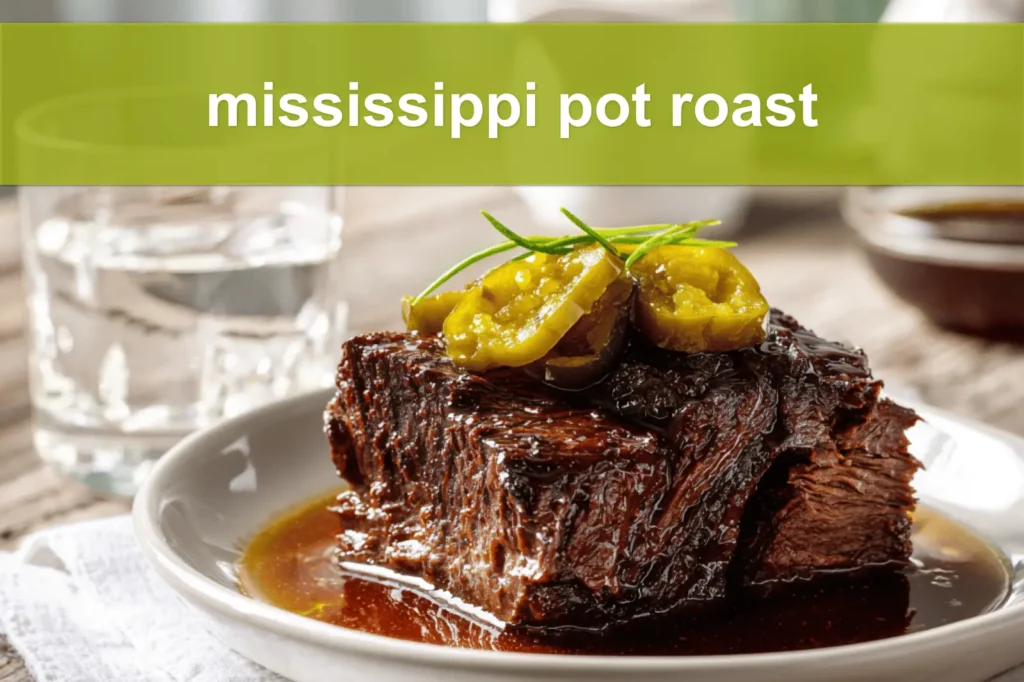 mississippi pot roast on white napkin with buttery glaze and clear glass of water
