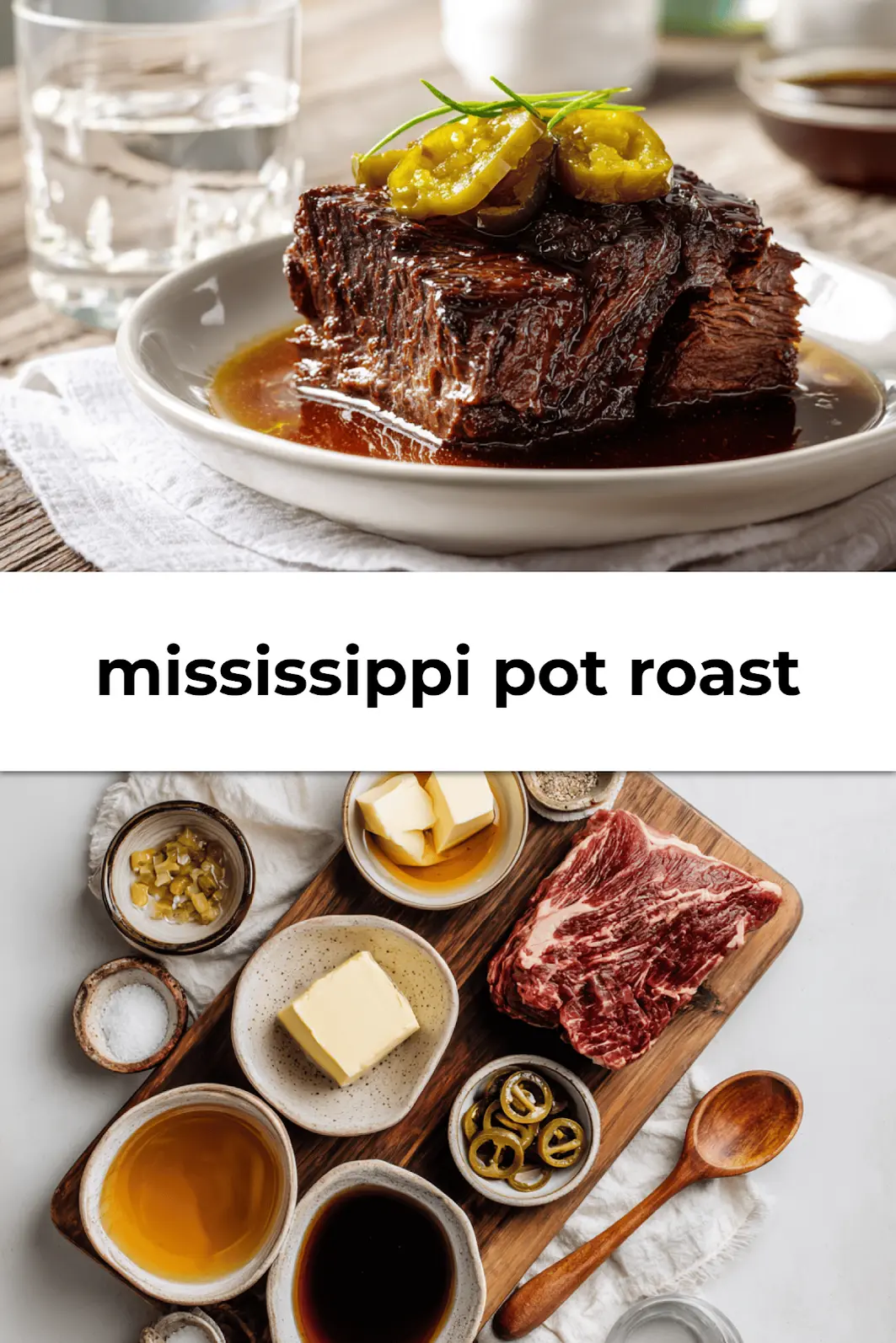 Shredded Mississippi pot roast served with mashed potatoes and herbs, ready for Pinterest sharing