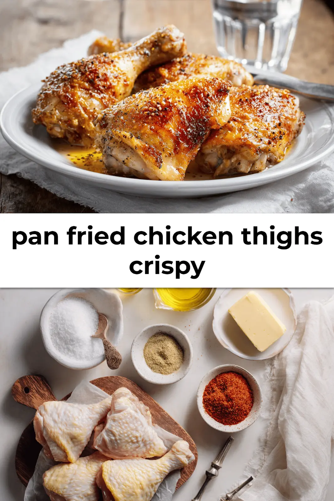 Pinterest-ready image of pan fried chicken thighs crispy with golden skin served on a white towel beside fresh water glass