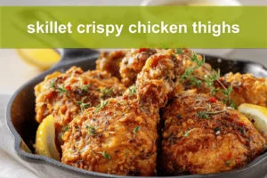 skillet crispy chicken thighs golden crisp skin lemon thyme on white napkin