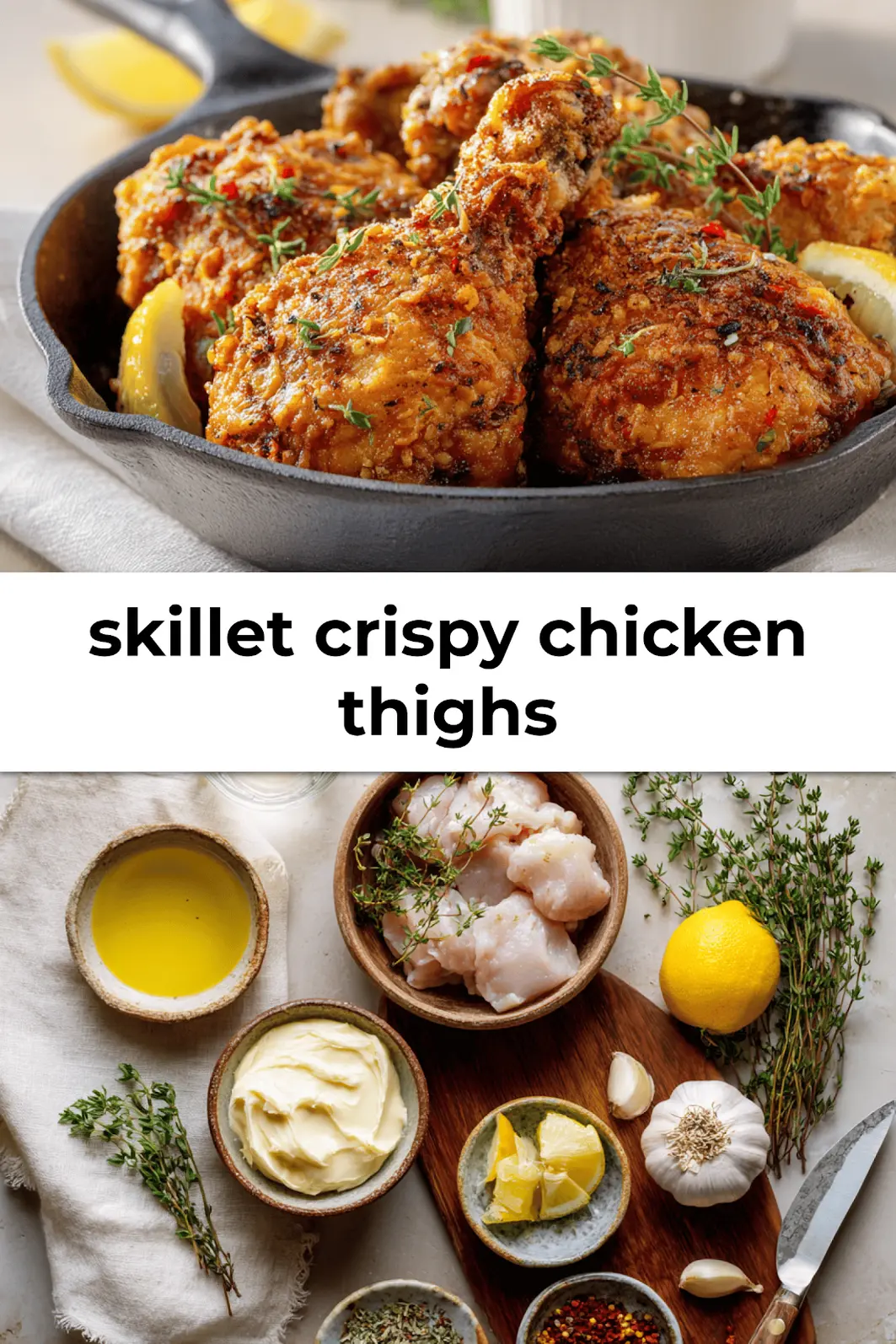 Overhead view of finished skillet crispy chicken thighs with golden skin served with lemon and thyme