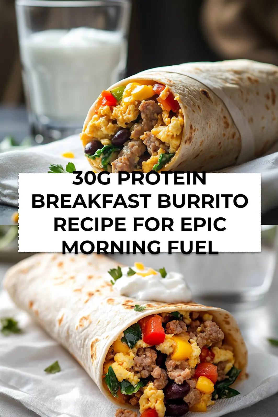 Wrapped 30g protein breakfast burrito on a cutting board next to sliced peppers and a skillet