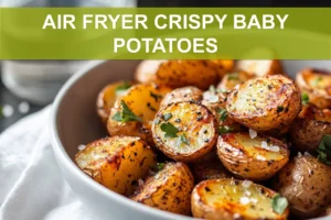 AIR FRYER CRISPY BABY POTATOES golden crispy baby potatoes plated with herbs and sea salt flakes