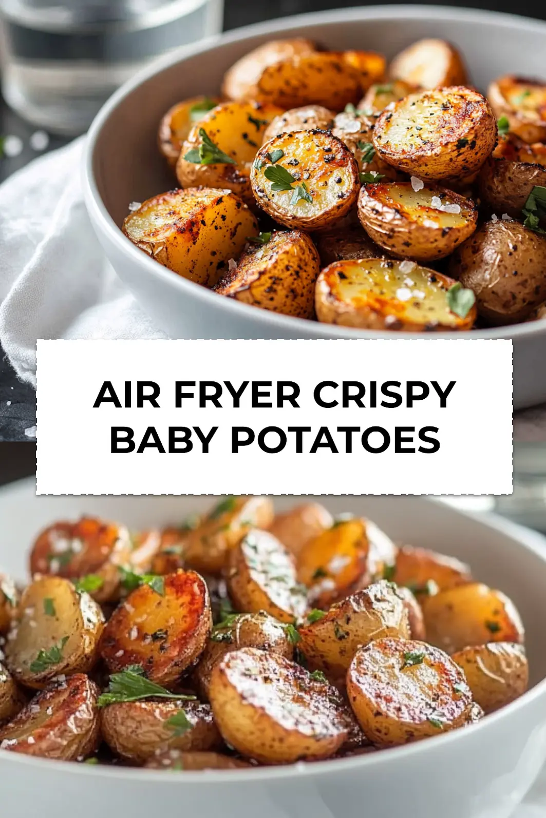 Golden crispy air fryer baby potatoes with fresh herbs served as a side dish