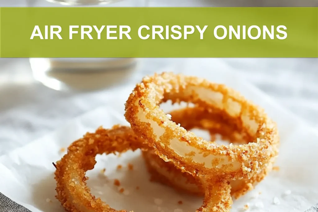 AIR FRYER CRISPY ONIONS golden onion rings on white napkin with clear glass of water