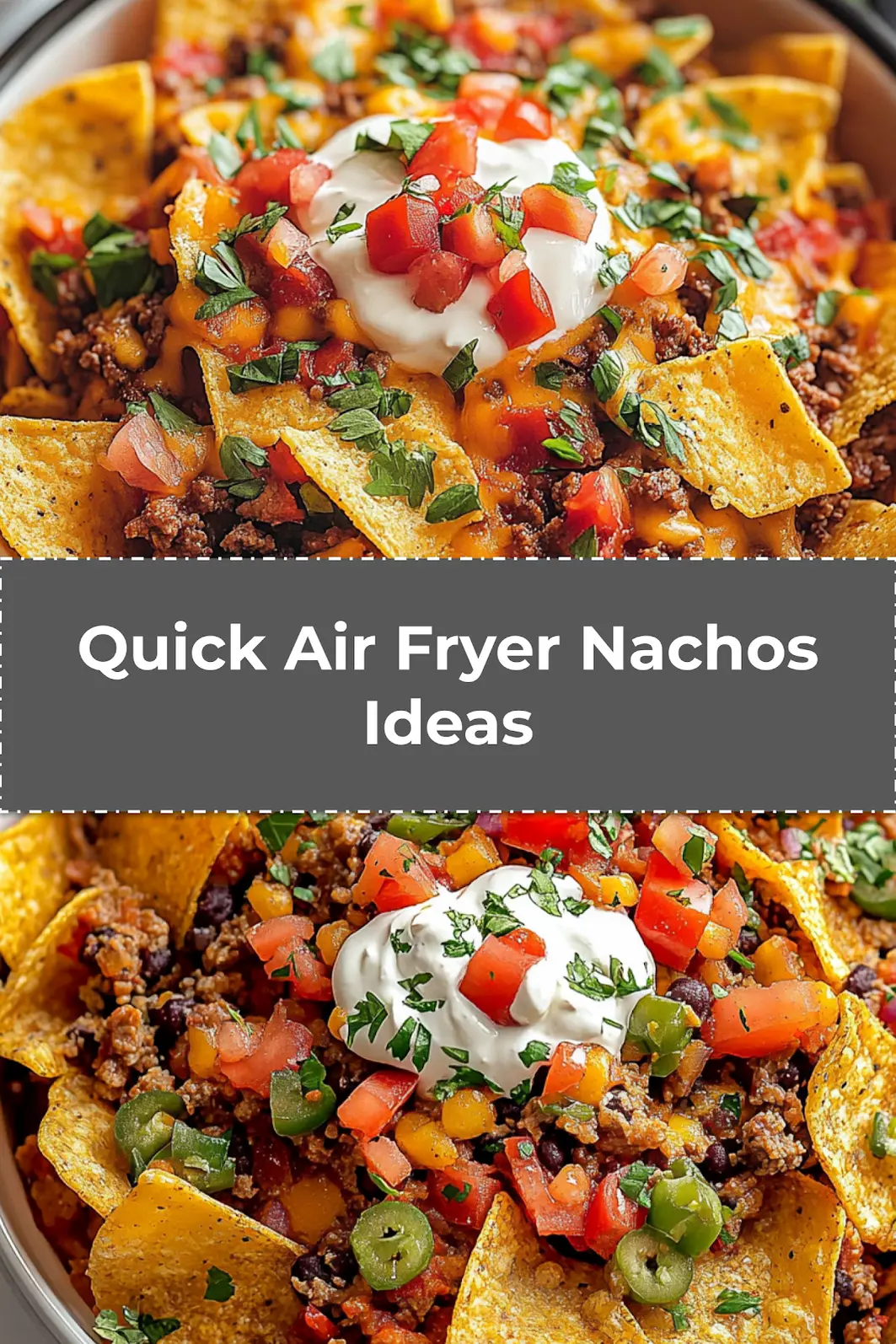 Air Fryer Nachos: Simple Delicious Fun Recipe 3 Air Fryer Nachos plated with cheese, fresh jalapeños, and cilantro - quick and easy recipe