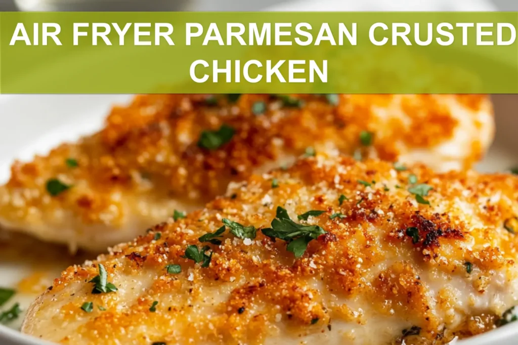 AIR FRYER PARMESAN CRUSTED CHICKEN golden crust served on white napkin with clear water glass