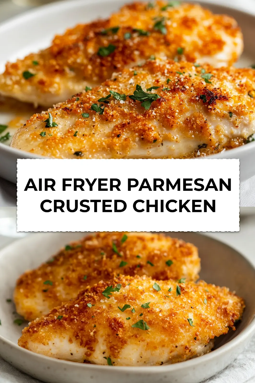 Air Fryer Parmesan Crusted Chicken served golden and crispy on elegant white napkin, styled with glass of water and lemon