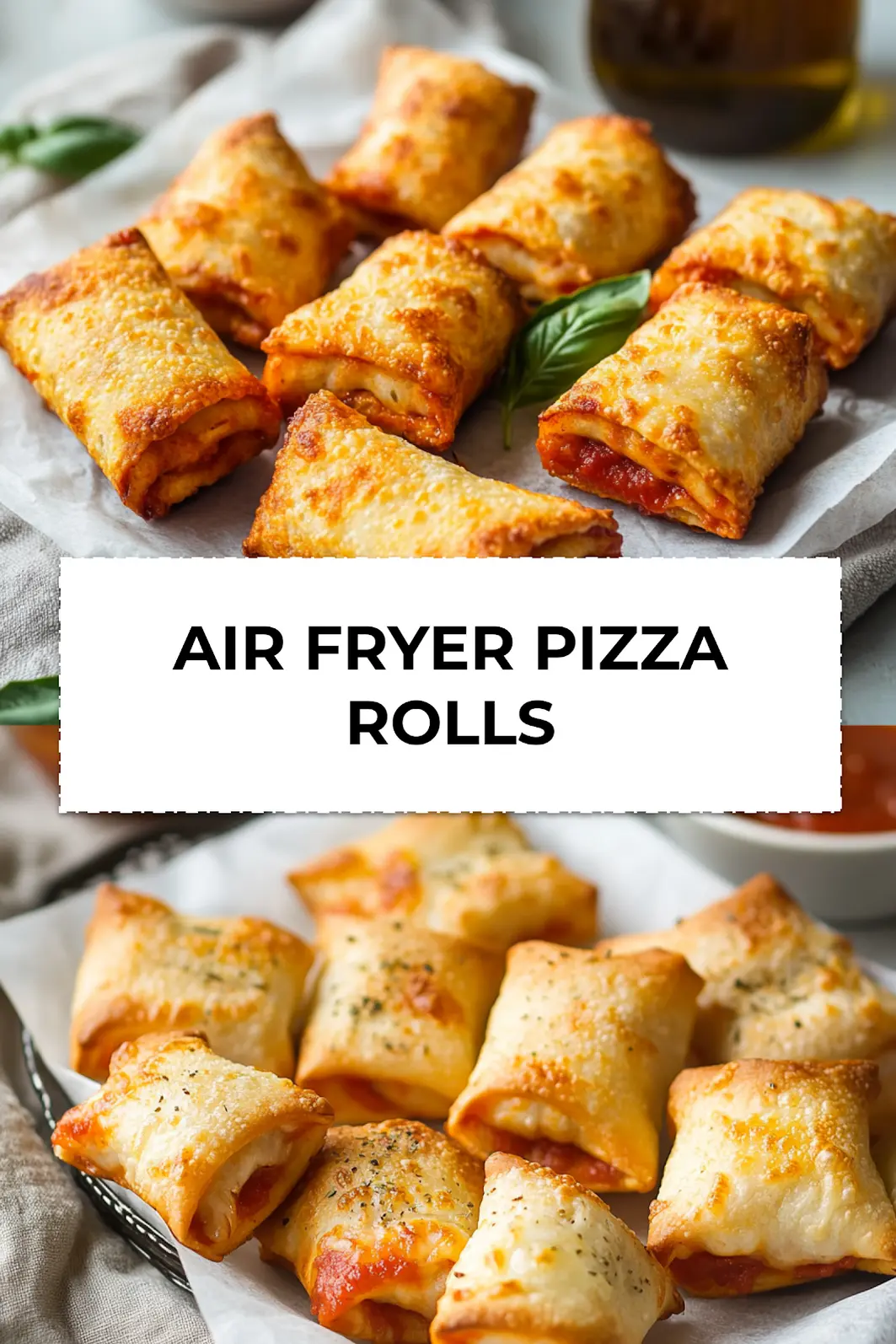 Air fryer pizza rolls served with marinara sauce on a white napkin, styled for Pinterest