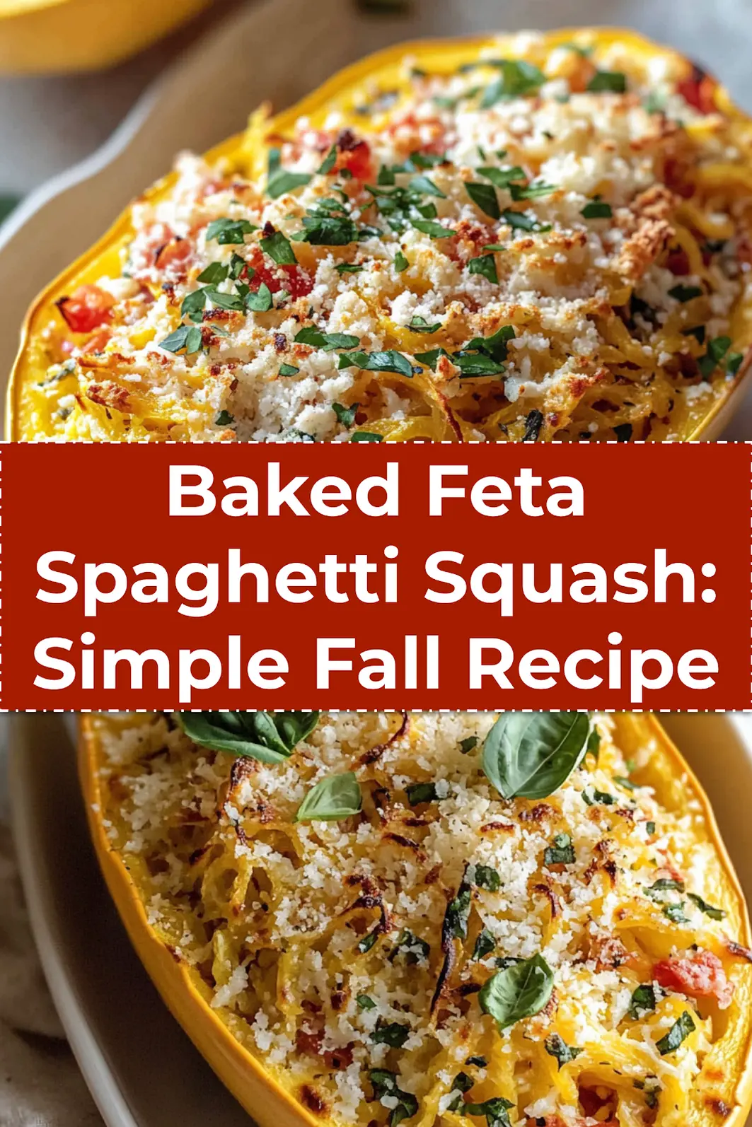 Final dish of baked feta spaghetti squash with roasted tomatoes and basil served in squash shell