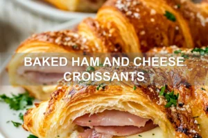 Baked Ham and Cheese Croissants: Irresistibly Simple Recipe BAKED HAM AND CHEESE CROISSANTS centered hero view, clean and uncluttered