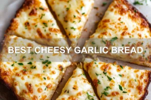BEST CHEESY GARLIC BREAD centered hero view, clean and uncluttered