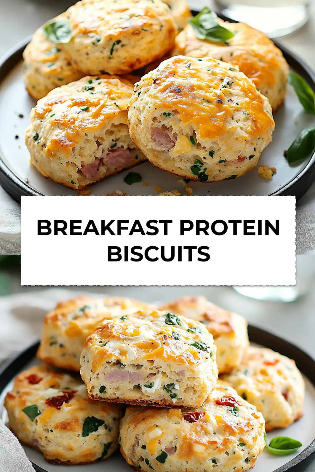 Baked breakfast protein biscuits cooling on baking tray with melted cheddar and herbs