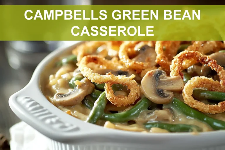 CAMPBELLS GREEN BEAN CASSEROLE creamy mushroom green beans topped with crispy fried onions in warm light