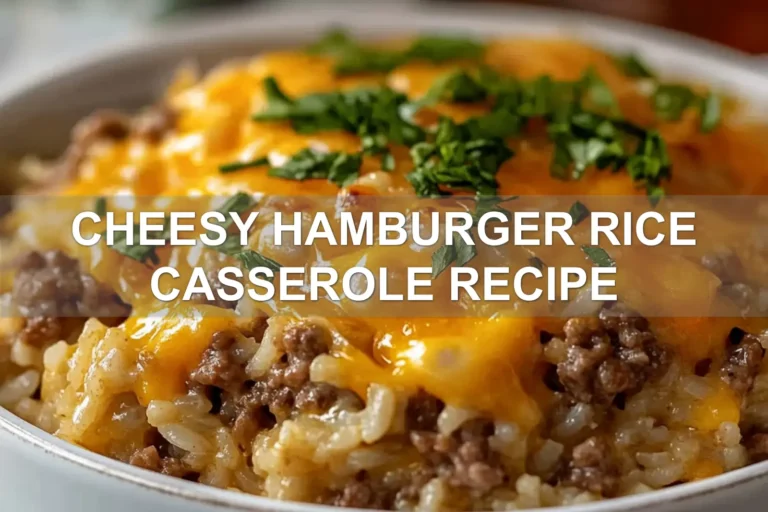 CHEESY HAMBURGER RICE CASSEROLE RECIPE centered hero view, clean and uncluttered