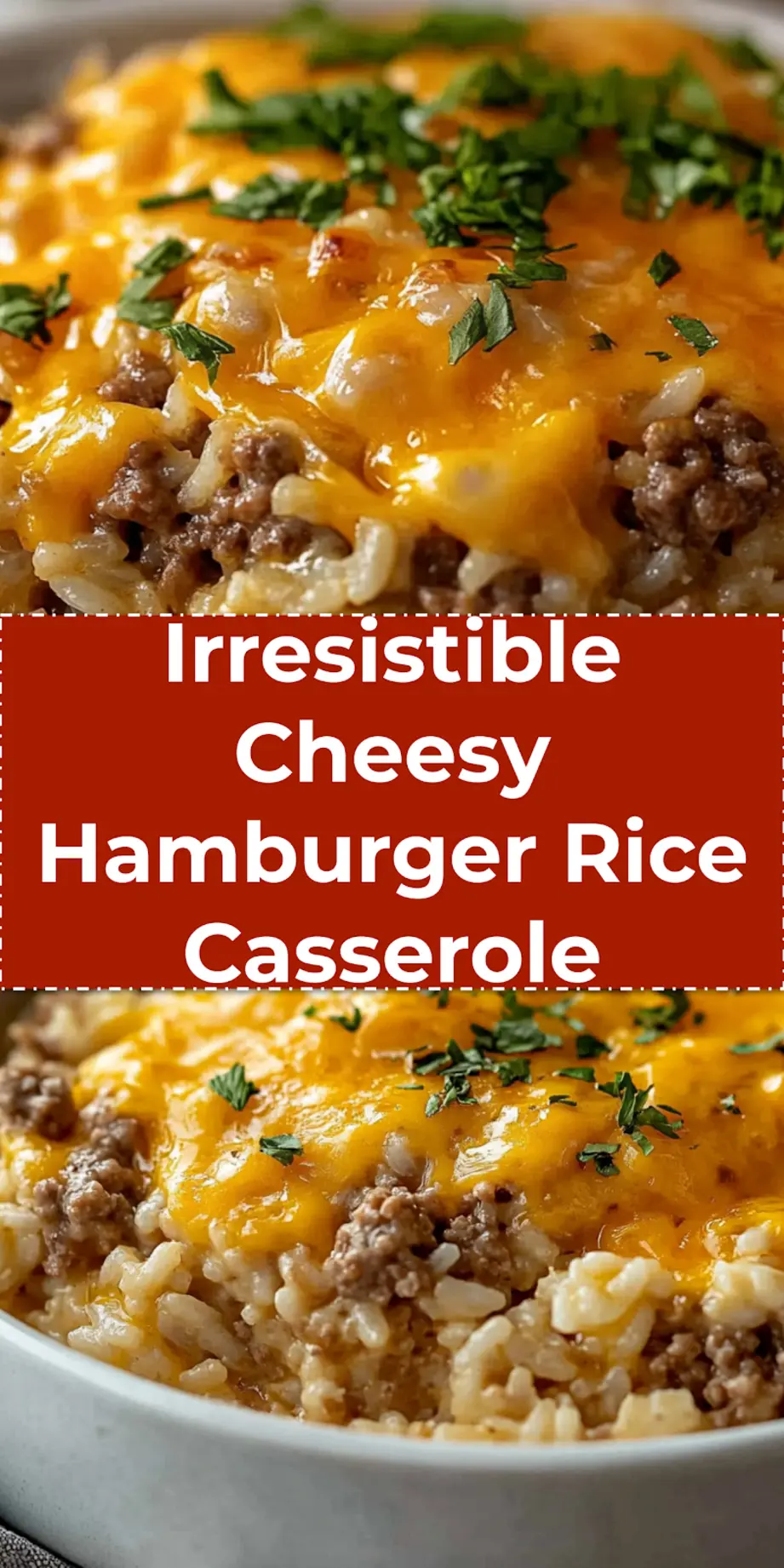 Cheesy Hamburger Rice Casserole Recipe: Easy and Delicious 3 Final plated cheesy hamburger rice casserole with melted cheddar and fresh parsley on top