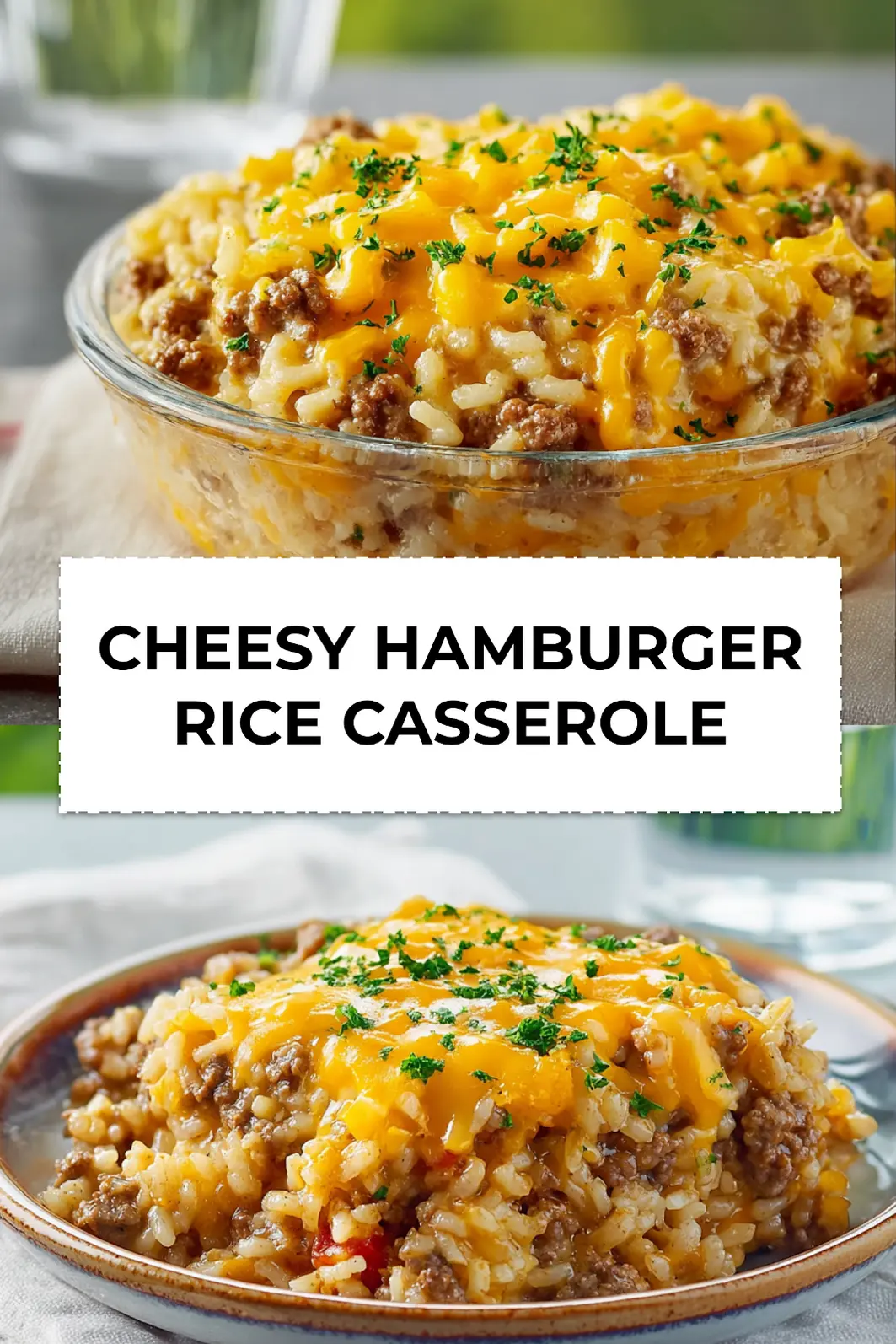Cheesy Hamburger Rice Casserole: Easy and Delicious Recipe 3 Finished cheesy hamburger rice casserole garnished with parsley, golden melted cheese, and soft baked rice in a white dish