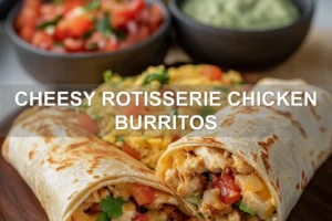 CHEESY ROTISSERIE CHICKEN BURRITOS centered hero view, clean and uncluttered