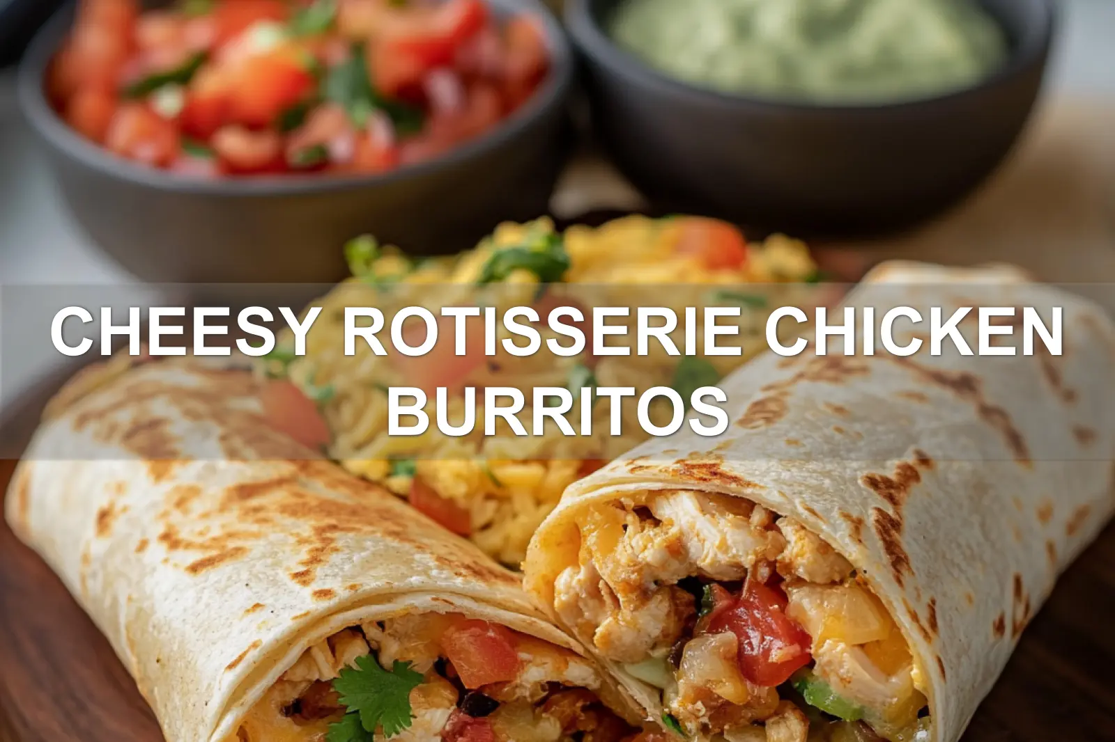 Cheesy Rotisserie Chicken Burritos Recipe Unveiled 4 CHEESY ROTISSERIE CHICKEN BURRITOS centered hero view, clean and uncluttered