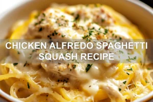 CHICKEN ALFREDO SPAGHETTI SQUASH RECIPE centered hero view, clean and uncluttered
