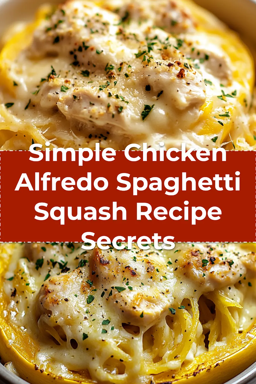 Chicken Alfredo Spaghetti Squash Recipe: Irresistibly Simple 3 Pinterest-optimized image of finished Chicken Alfredo Spaghetti Squash served in a squash bowl with fresh herbs