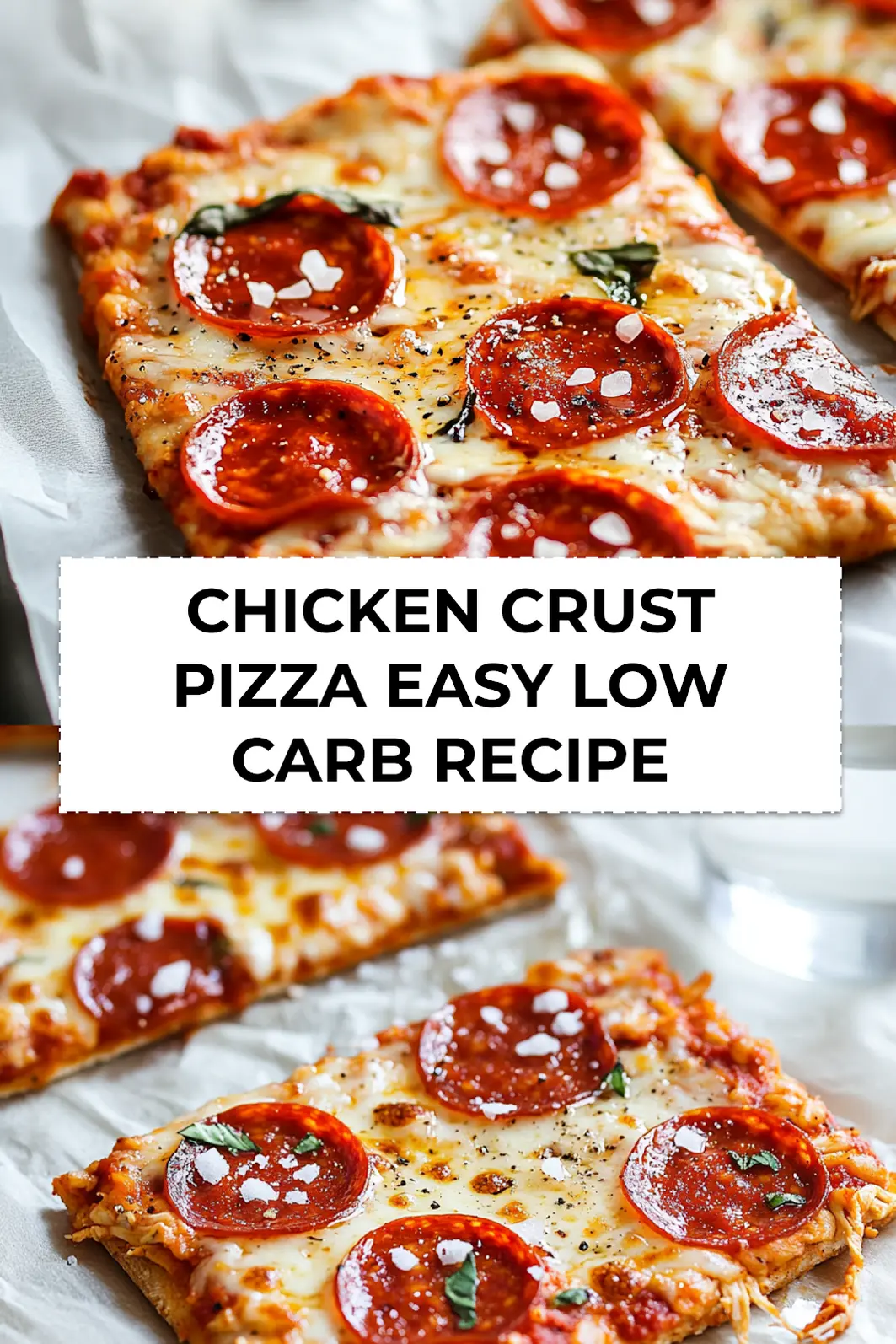 Finished keto chicken crust pizza with pepperoni sliced on parchment paper