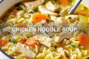 CHICKEN NOODLE SOUP centered hero view, clean and uncluttered