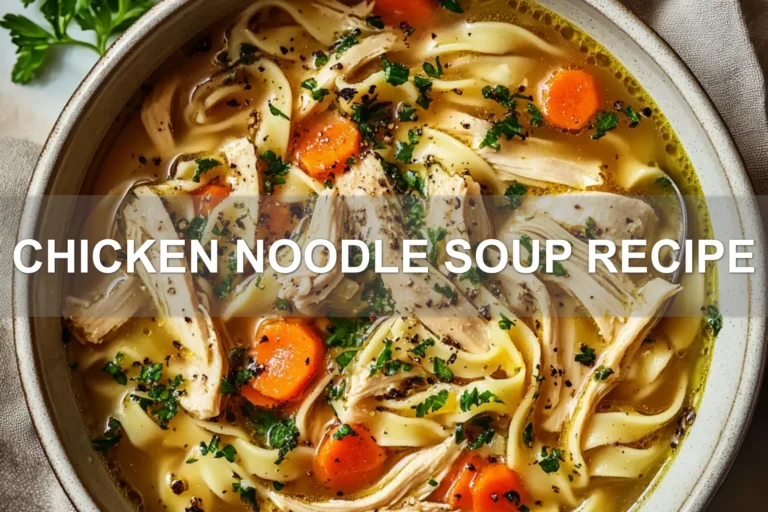 CHICKEN NOODLE SOUP RECIPE centered hero view, clean and uncluttered